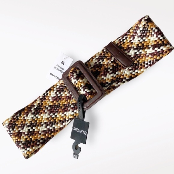 ELLEN Tracy Wide Woven Belt Coated Soft Multicolor Brown Mustard New M/ L - Picture 4 of 10